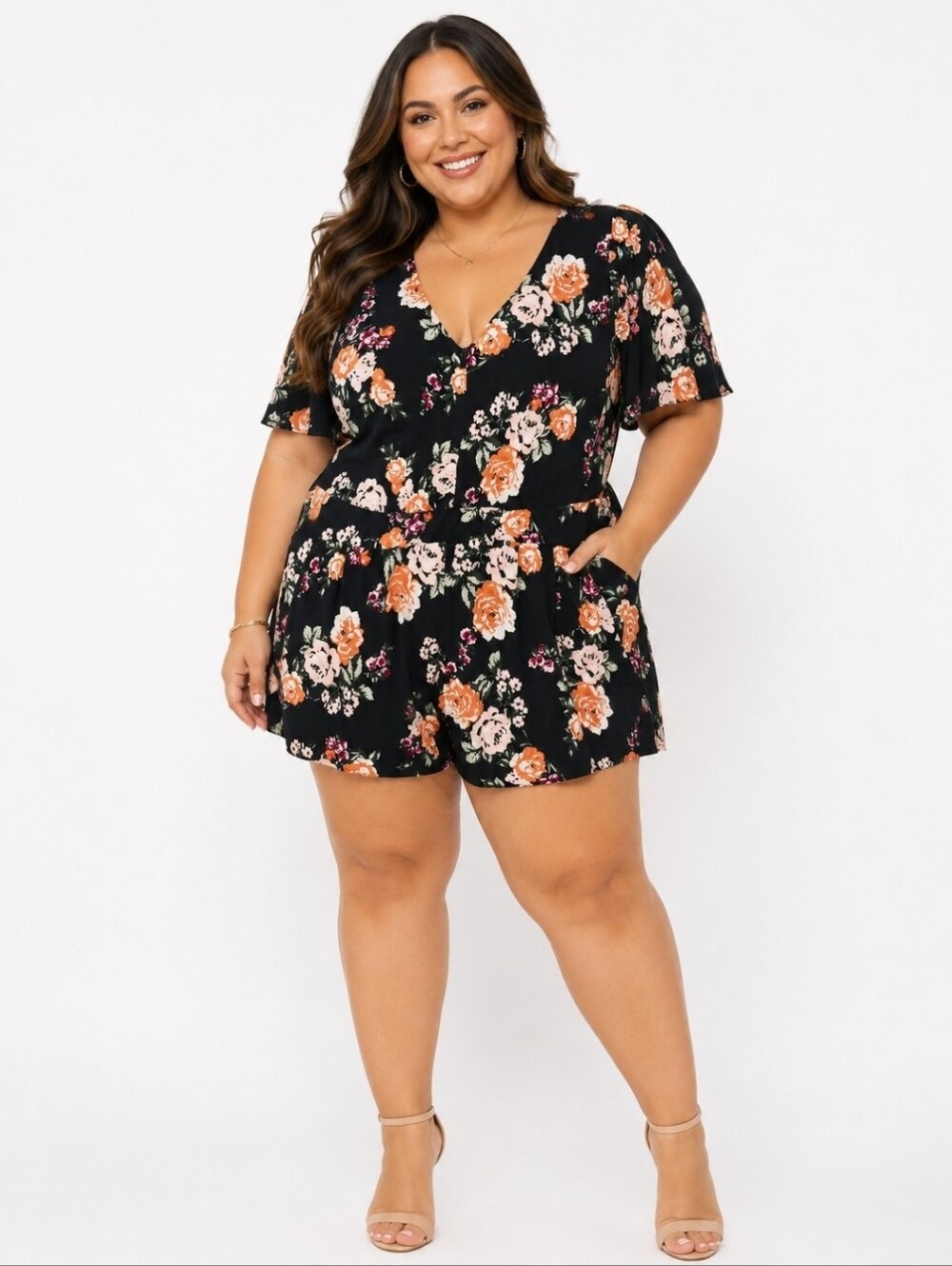 Torrid Black Floral V-Neck Romper with Orange and Cream Roses Size 2